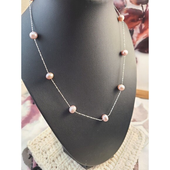 Sterling Silver Floating Pink Pearl Necklace 18" Dainty Elegant Bridal Jewelry - Picture 1 of 8